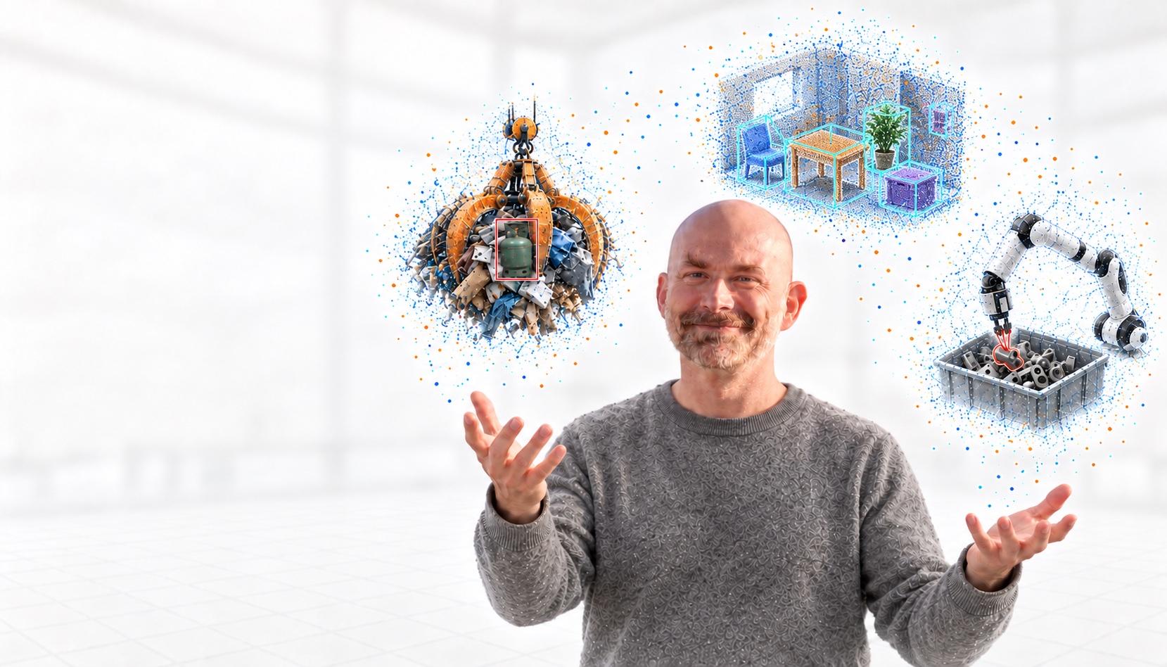 Generated illustration of Max Pfingsthorn juggling three point-cloud scenes: a gas cylinder among mixed waste in a crane grab, spatial mapping and scene understanding, and robot-arm bin picking